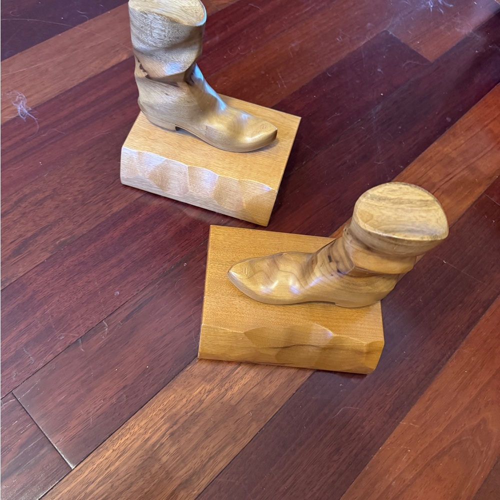 Vintage Hand-Carved Natural Wood Boot Bookends - Pair